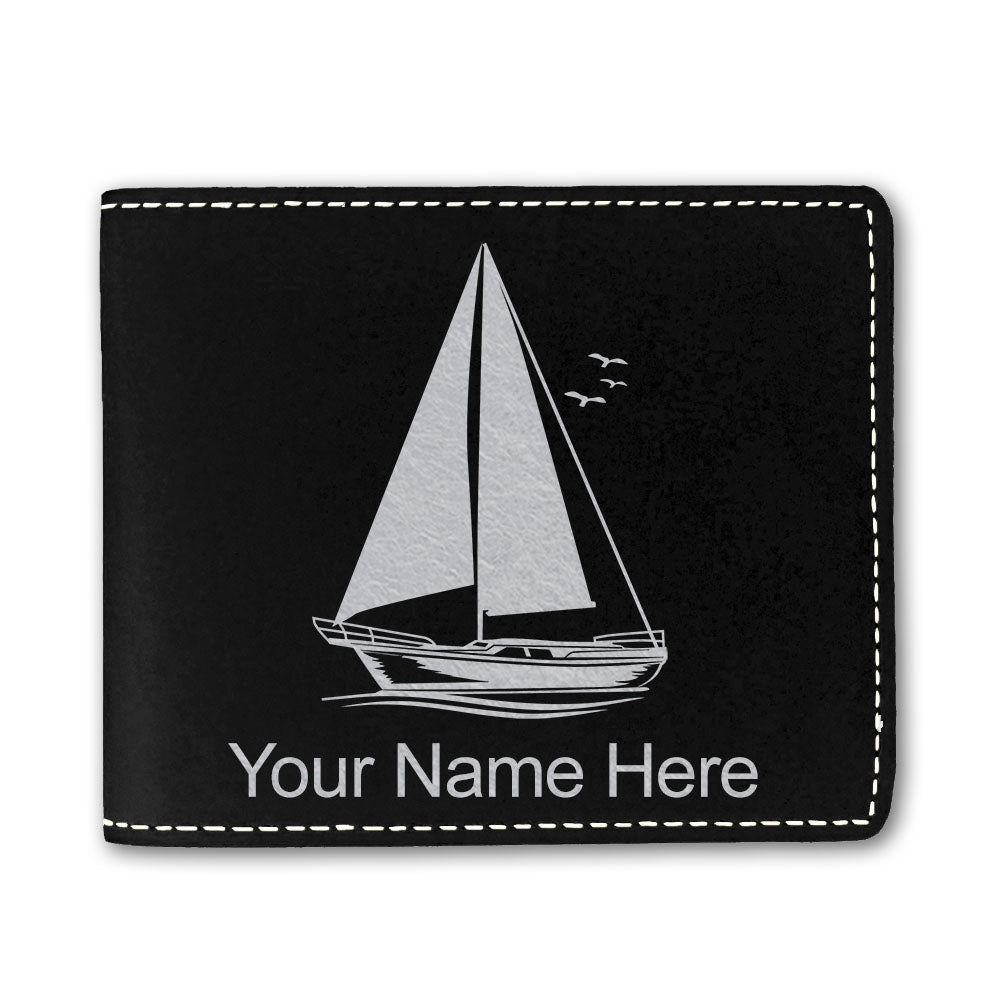 Faux Leather Bi-Fold Wallet, Sailboat, Personalized Engraving Included