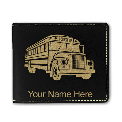 Faux Leather Bi-Fold Wallet, School Bus, Personalized Engraving Included