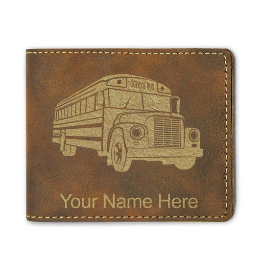 Faux Leather Bi-Fold Wallet, School Bus, Personalized Engraving Included