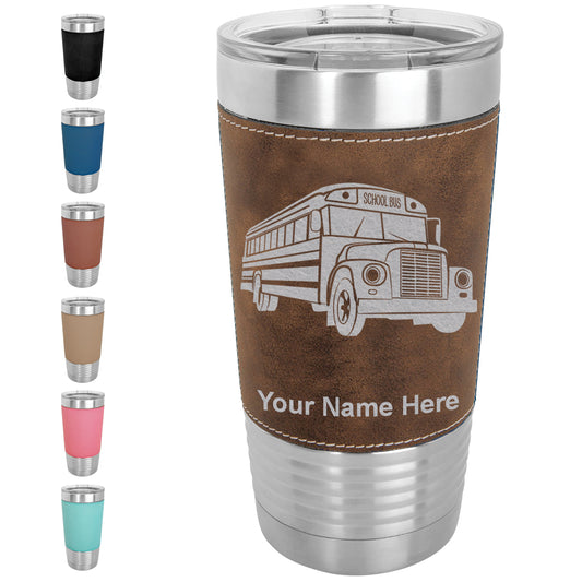 20oz Faux Leather Tumbler Mug, School Bus, Personalized Engraving Included - LaserGram Custom Engraved Gifts