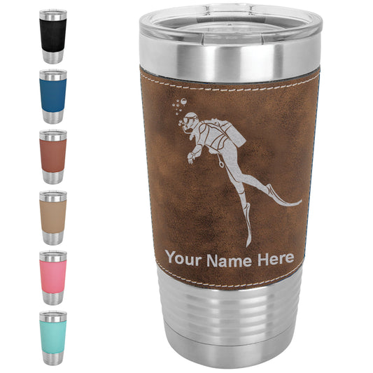 20oz Faux Leather Tumbler Mug, Scuba Diver, Personalized Engraving Included - LaserGram Custom Engraved Gifts