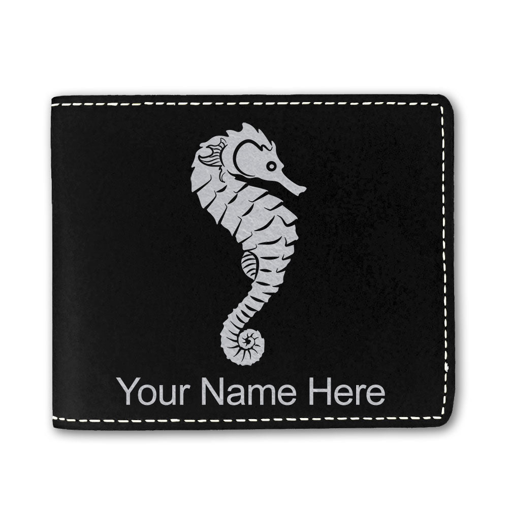 Faux Leather Bi-Fold Wallet, Seahorse, Personalized Engraving Included