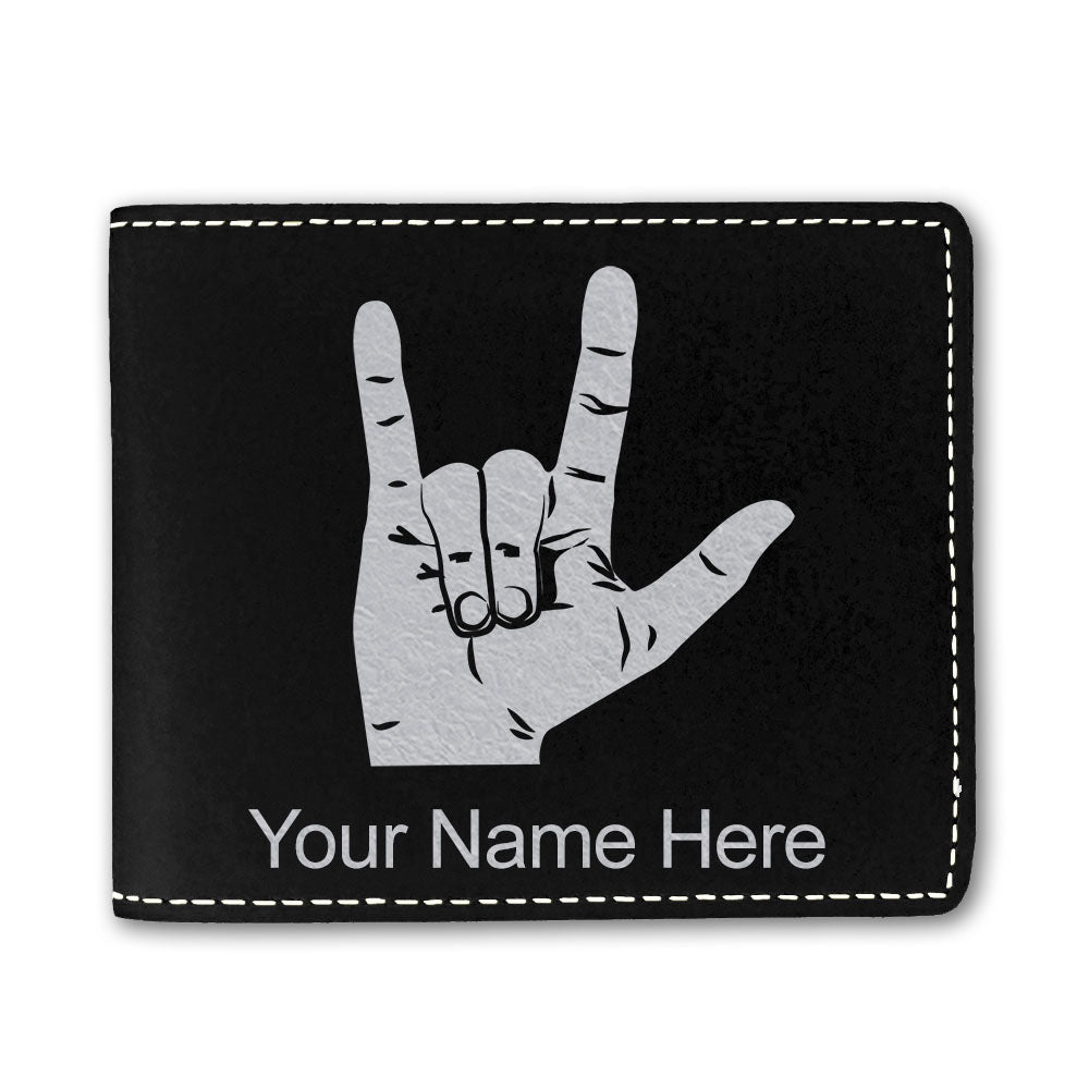 Faux Leather Bi-Fold Wallet, Sign Language I Love You, Personalized Engraving Included