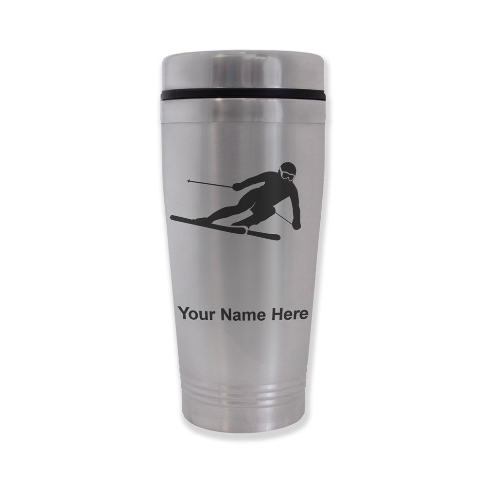 Commuter Travel Mug, Skier Downhill, Personalized Engraving Included