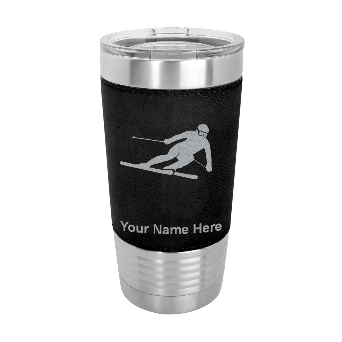 20oz Faux Leather Tumbler Mug, Skier Downhill, Personalized Engraving Included - LaserGram Custom Engraved Gifts