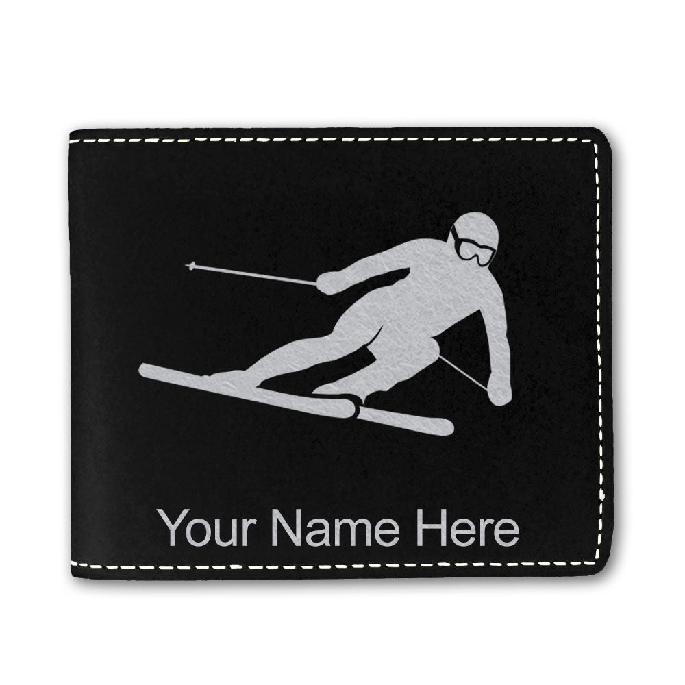Faux Leather Bi-Fold Wallet, Skier Downhill, Personalized Engraving Included