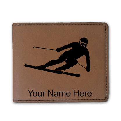 Faux Leather Bi-Fold Wallet, Skier Downhill, Personalized Engraving Included