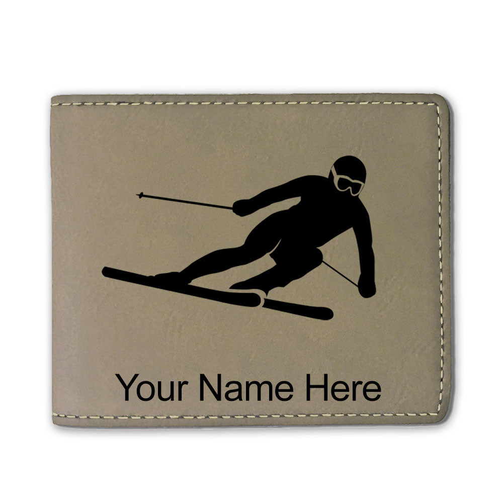 Faux Leather Bi-Fold Wallet, Skier Downhill, Personalized Engraving Included