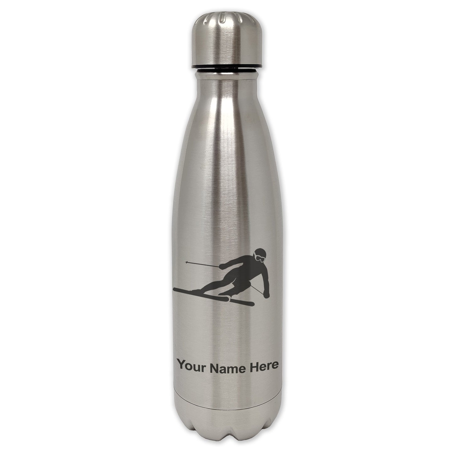 LaserGram Single Wall Water Bottle, Skier Downhill, Personalized Engraving Included