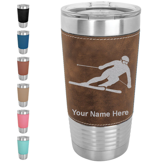 20oz Faux Leather Tumbler Mug, Skier Downhill, Personalized Engraving Included - LaserGram Custom Engraved Gifts