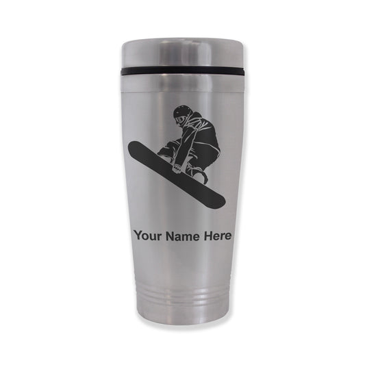Commuter Travel Mug, Snowboarder Man, Personalized Engraving Included