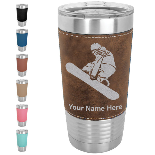 20oz Faux Leather Tumbler Mug, Snowboarder Man, Personalized Engraving Included - LaserGram Custom Engraved Gifts