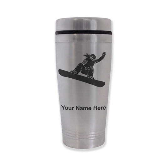 Commuter Travel Mug, Snowboarder Woman, Personalized Engraving Included