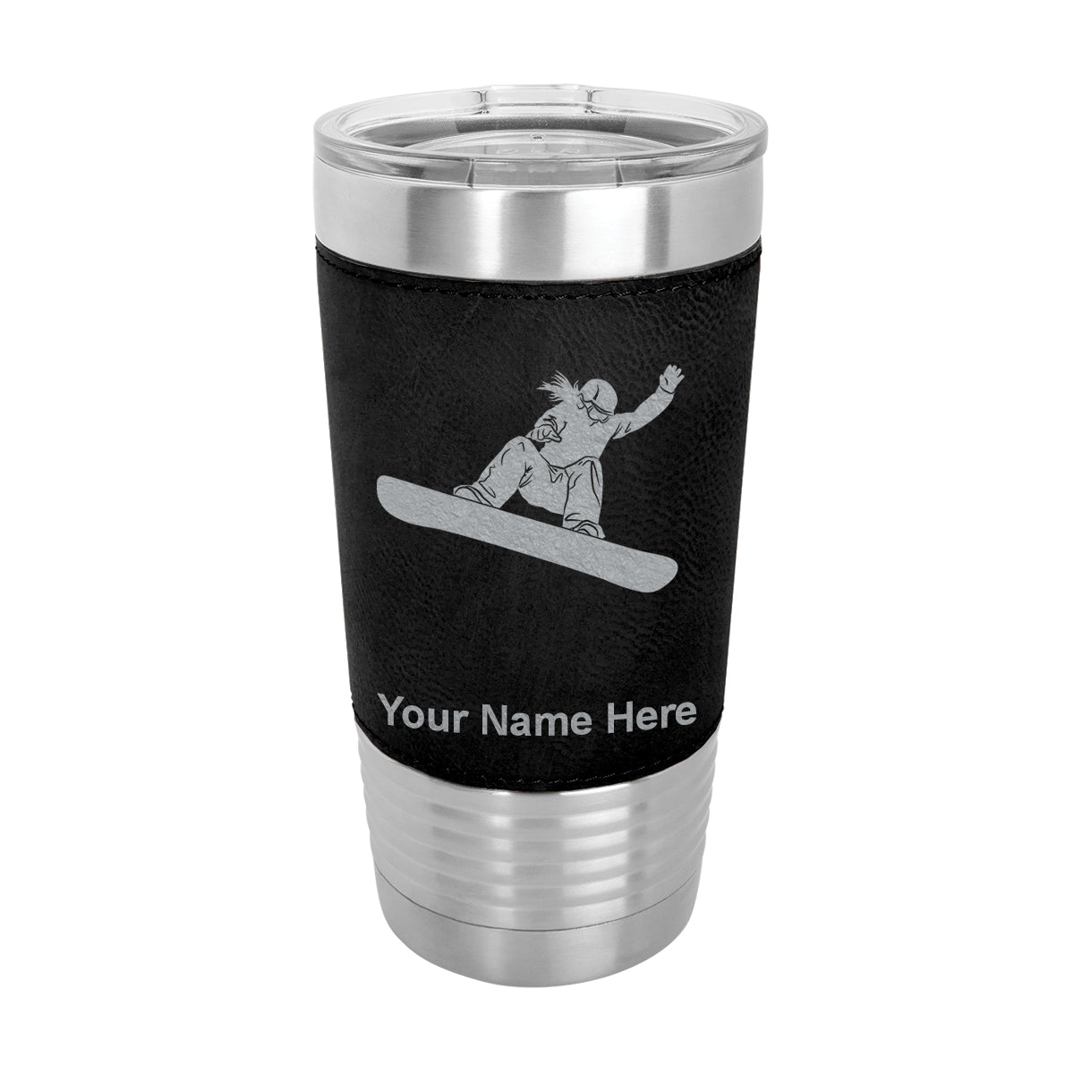 20oz Faux Leather Tumbler Mug, Snowboarder Woman, Personalized Engraving Included - LaserGram Custom Engraved Gifts