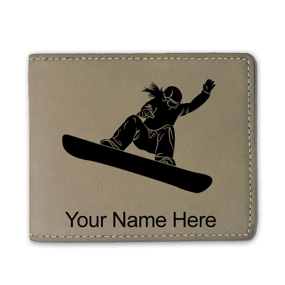 Faux Leather Bi-Fold Wallet, Snowboarder Woman, Personalized Engraving Included