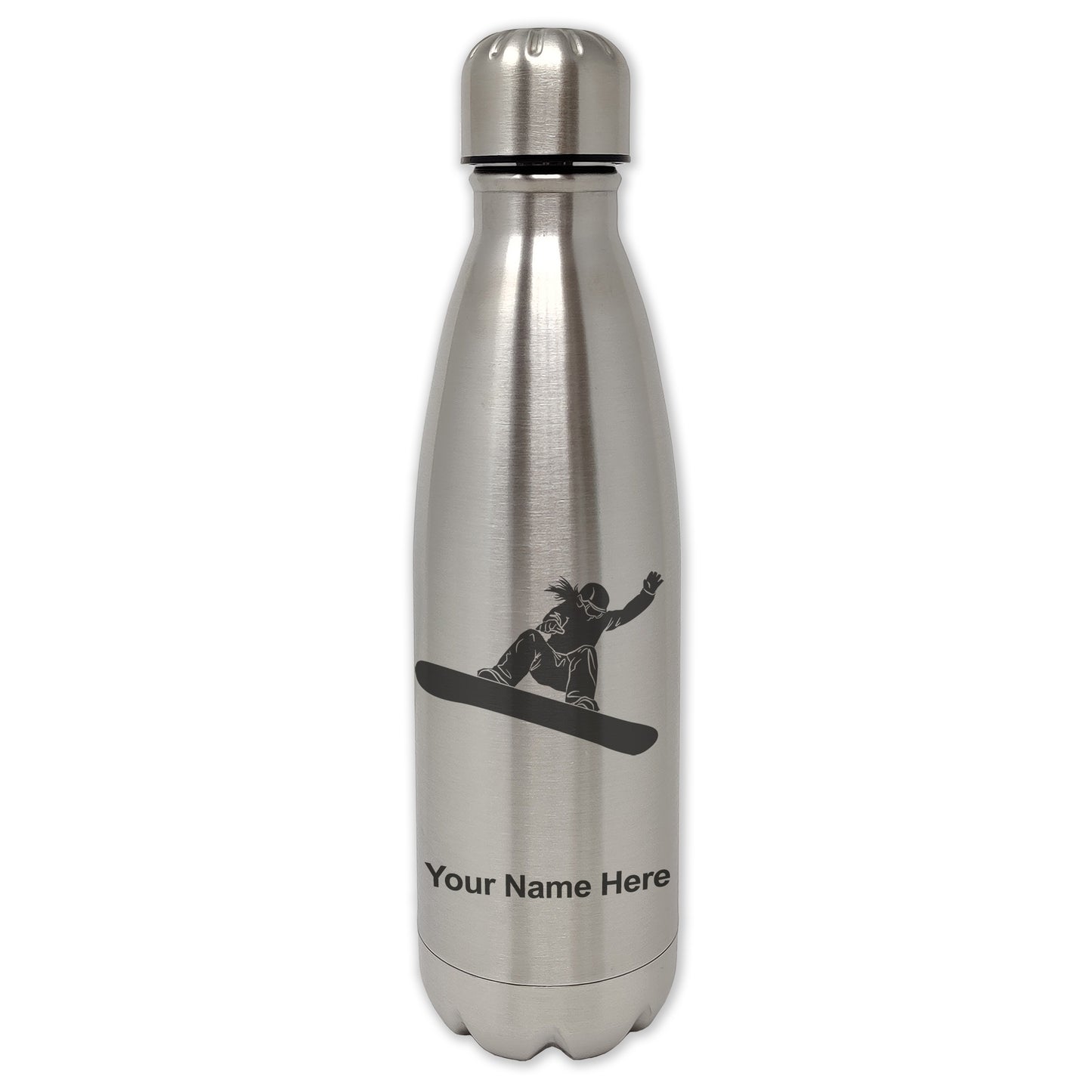 LaserGram Single Wall Water Bottle, Snowboarder Woman, Personalized Engraving Included
