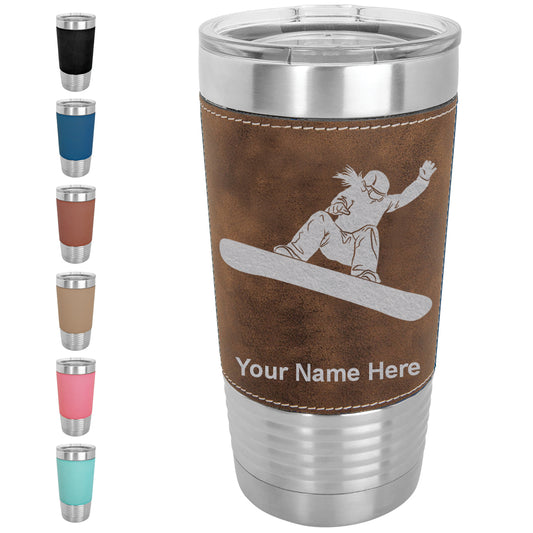 20oz Faux Leather Tumbler Mug, Snowboarder Woman, Personalized Engraving Included - LaserGram Custom Engraved Gifts