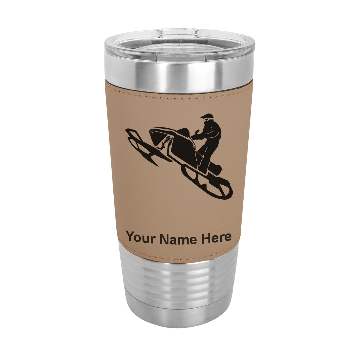 20oz Faux Leather Tumbler Mug, Snowmobile, Personalized Engraving Included - LaserGram Custom Engraved Gifts