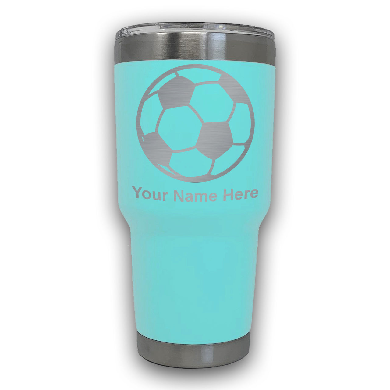 LaserGram 30oz Tumbler Mug, Soccer Ball, Personalized Engraving Included