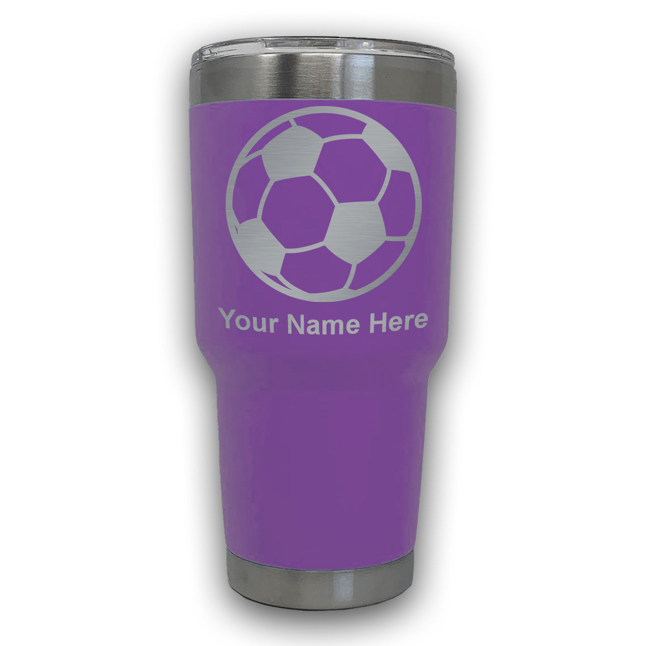 LaserGram 30oz Tumbler Mug, Soccer Ball, Personalized Engraving Included