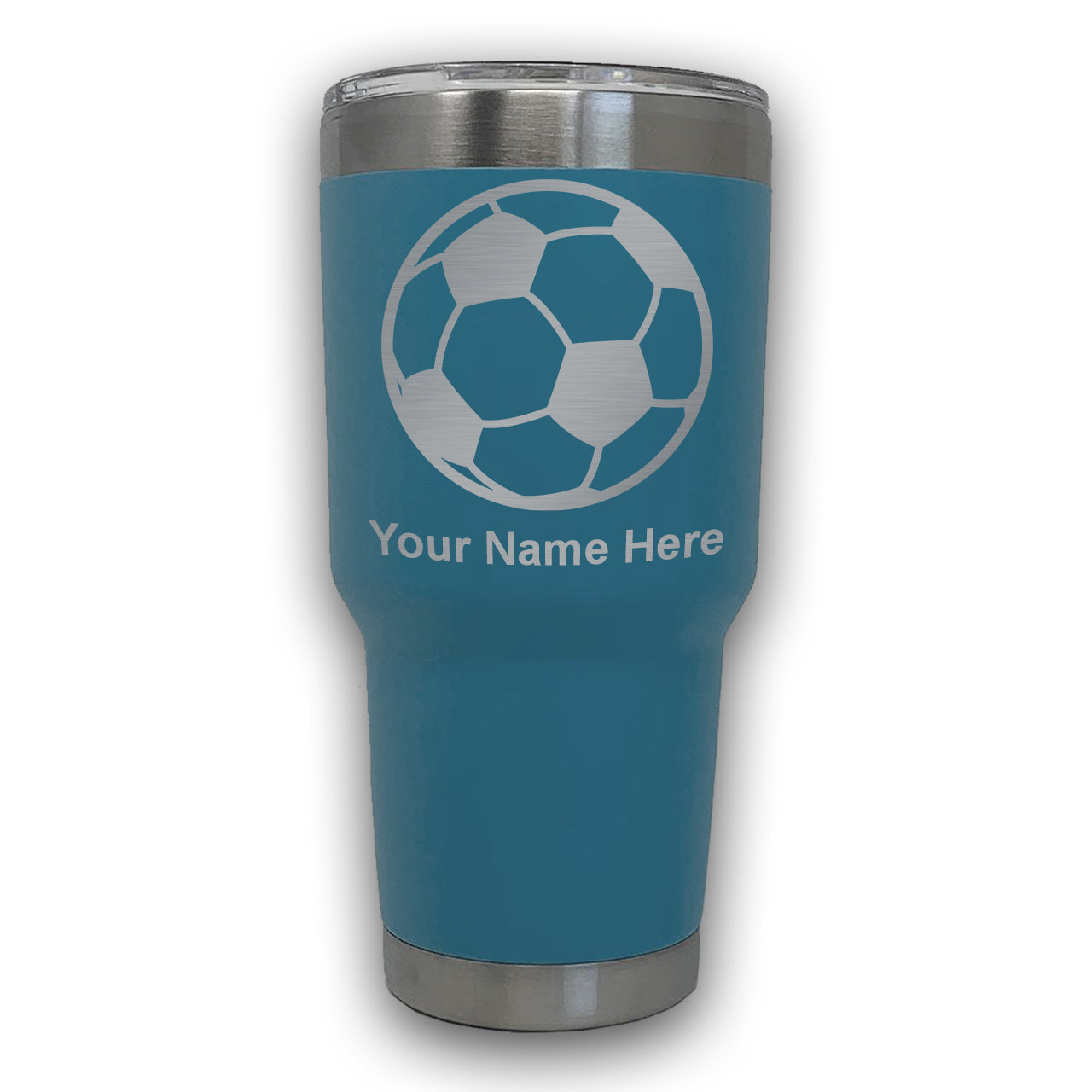 LaserGram 30oz Tumbler Mug, Soccer Ball, Personalized Engraving Included