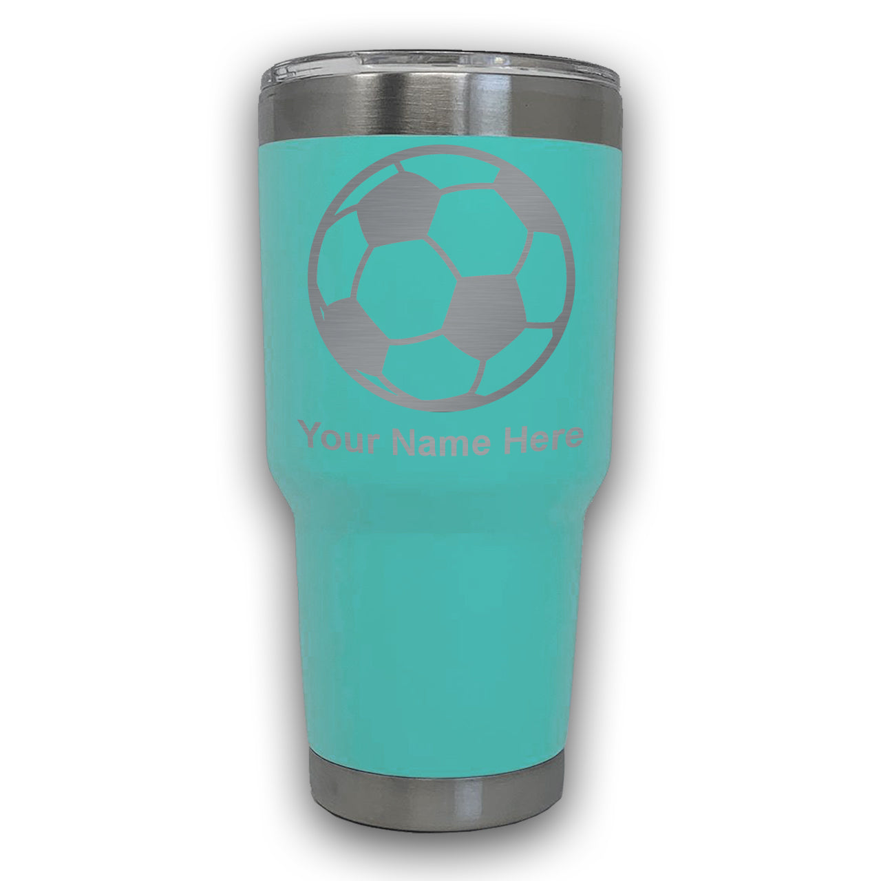 LaserGram 30oz Tumbler Mug, Soccer Ball, Personalized Engraving Included