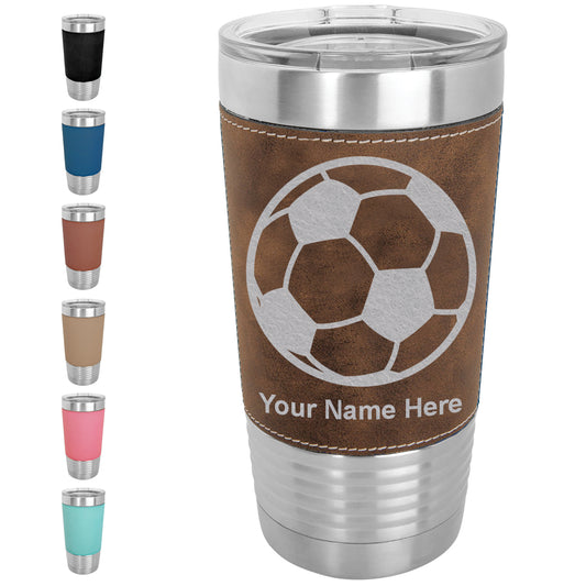 20oz Faux Leather Tumbler Mug, Soccer Ball, Personalized Engraving Included - LaserGram Custom Engraved Gifts