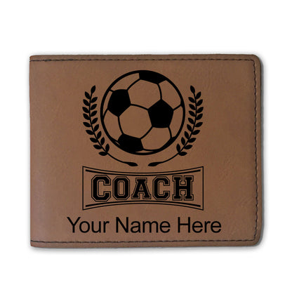 Faux Leather Bi-Fold Wallet, Soccer Coach, Personalized Engraving Included