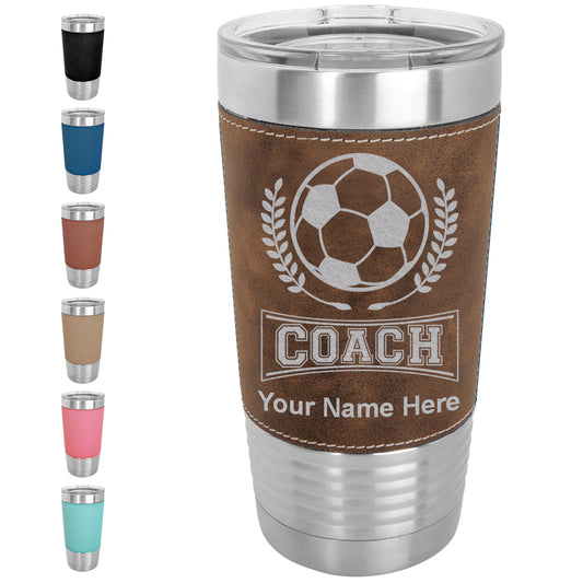20oz Faux Leather Tumbler Mug, Soccer Coach, Personalized Engraving Included