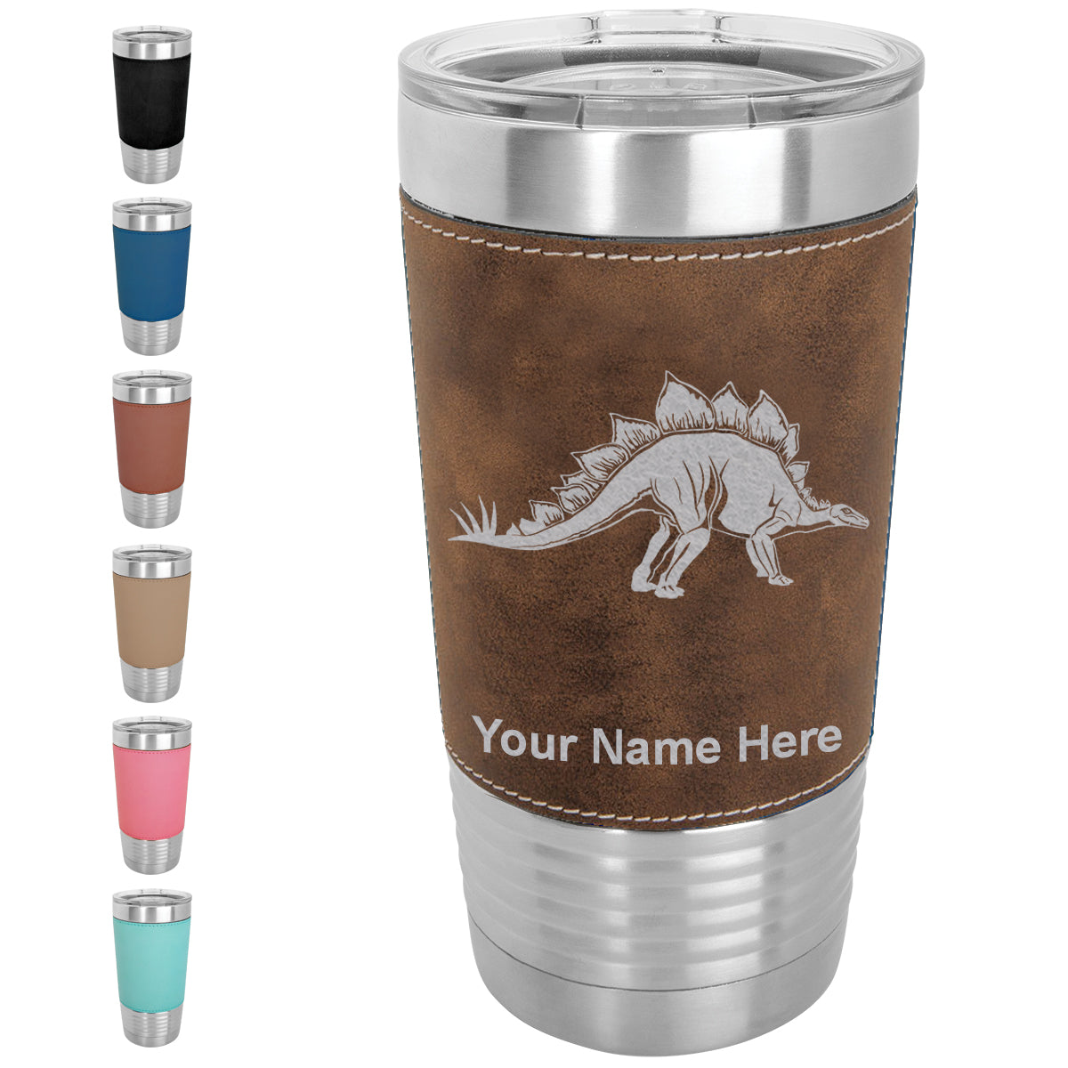 20oz Faux Leather Tumbler Mug, Stegosaurus Dinosaur, Personalized Engraving Included