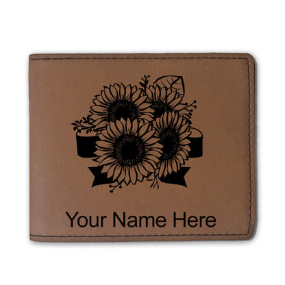 Faux Leather Bi-Fold Wallet, Sunflowers, Personalized Engraving Included