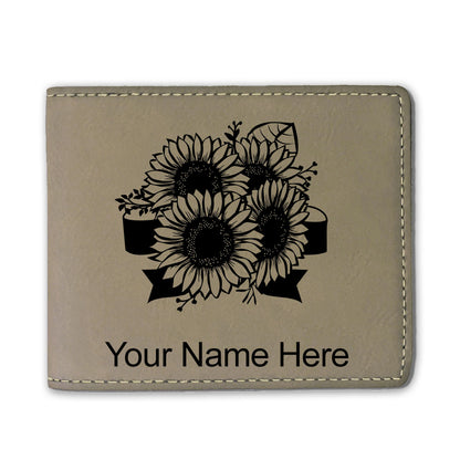 Faux Leather Bi-Fold Wallet, Sunflowers, Personalized Engraving Included