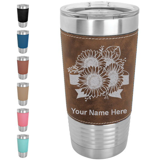 20oz Faux Leather Tumbler Mug, Sunflowers, Personalized Engraving Included