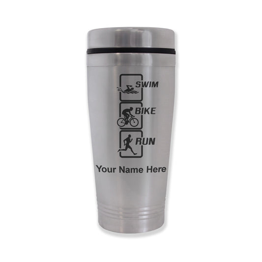 Commuter Travel Mug, Swim Bike Run Vertical, Personalized Engraving Included