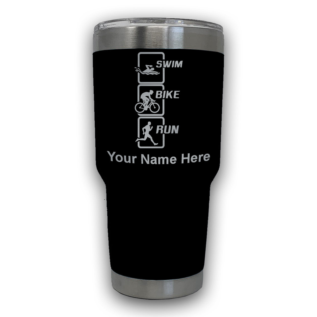 LaserGram 30oz Tumbler Mug, Swim Bike Run Vertical, Personalized Engraving Included