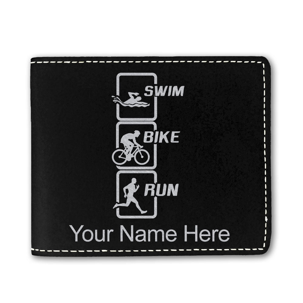 Faux Leather Bi-Fold Wallet, Swim Bike Run Vertical, Personalized Engraving Included
