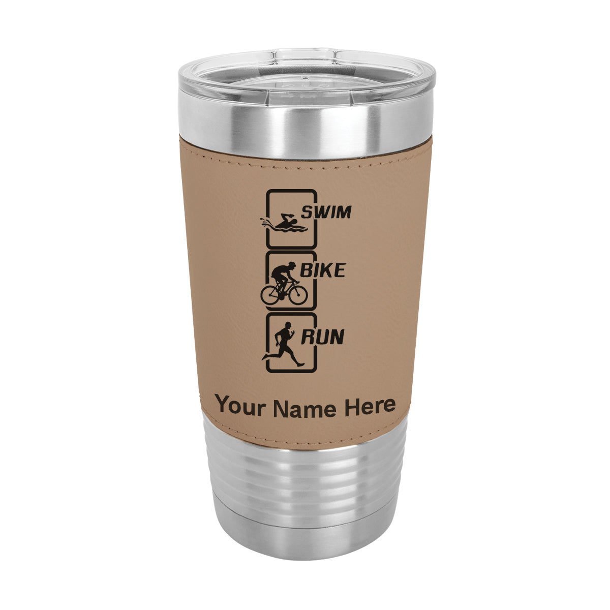 20oz Faux Leather Tumbler Mug, Swim Bike Run Vertical, Personalized Engraving Included