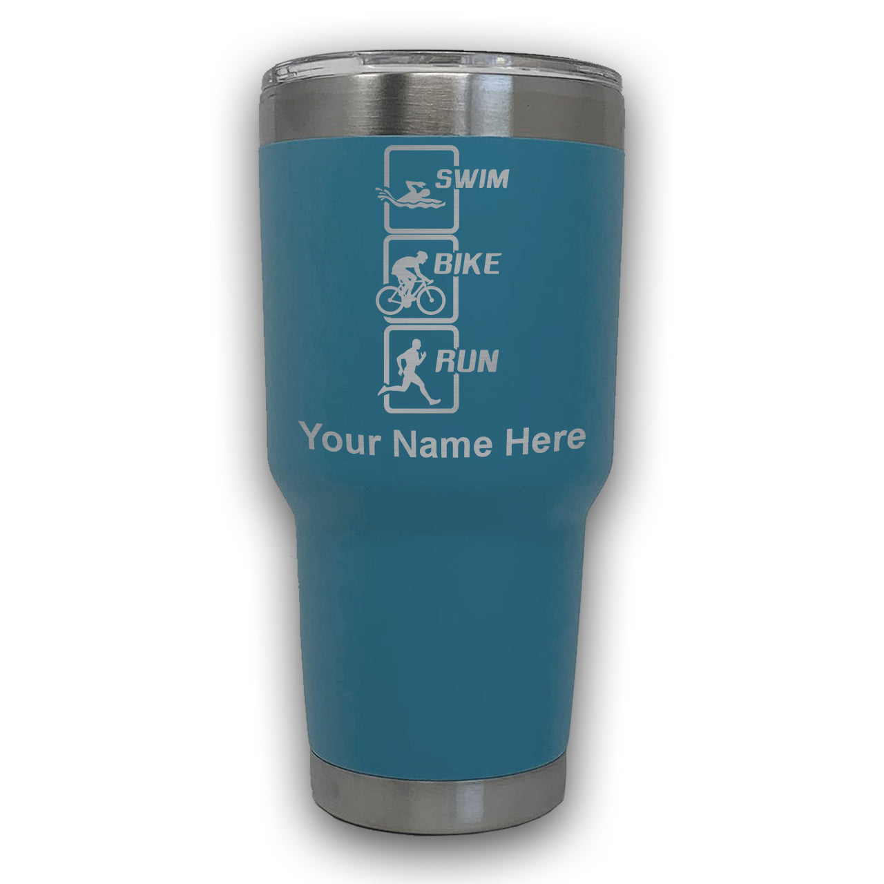 LaserGram 30oz Tumbler Mug, Swim Bike Run Vertical, Personalized Engraving Included