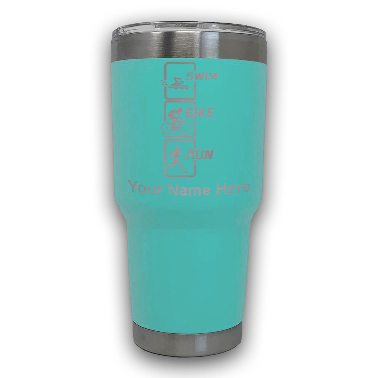 LaserGram 30oz Tumbler Mug, Swim Bike Run Vertical, Personalized Engraving Included