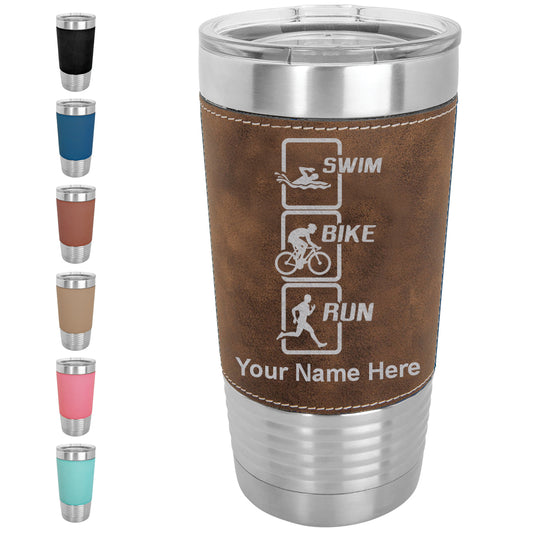 20oz Faux Leather Tumbler Mug, Swim Bike Run Vertical, Personalized Engraving Included