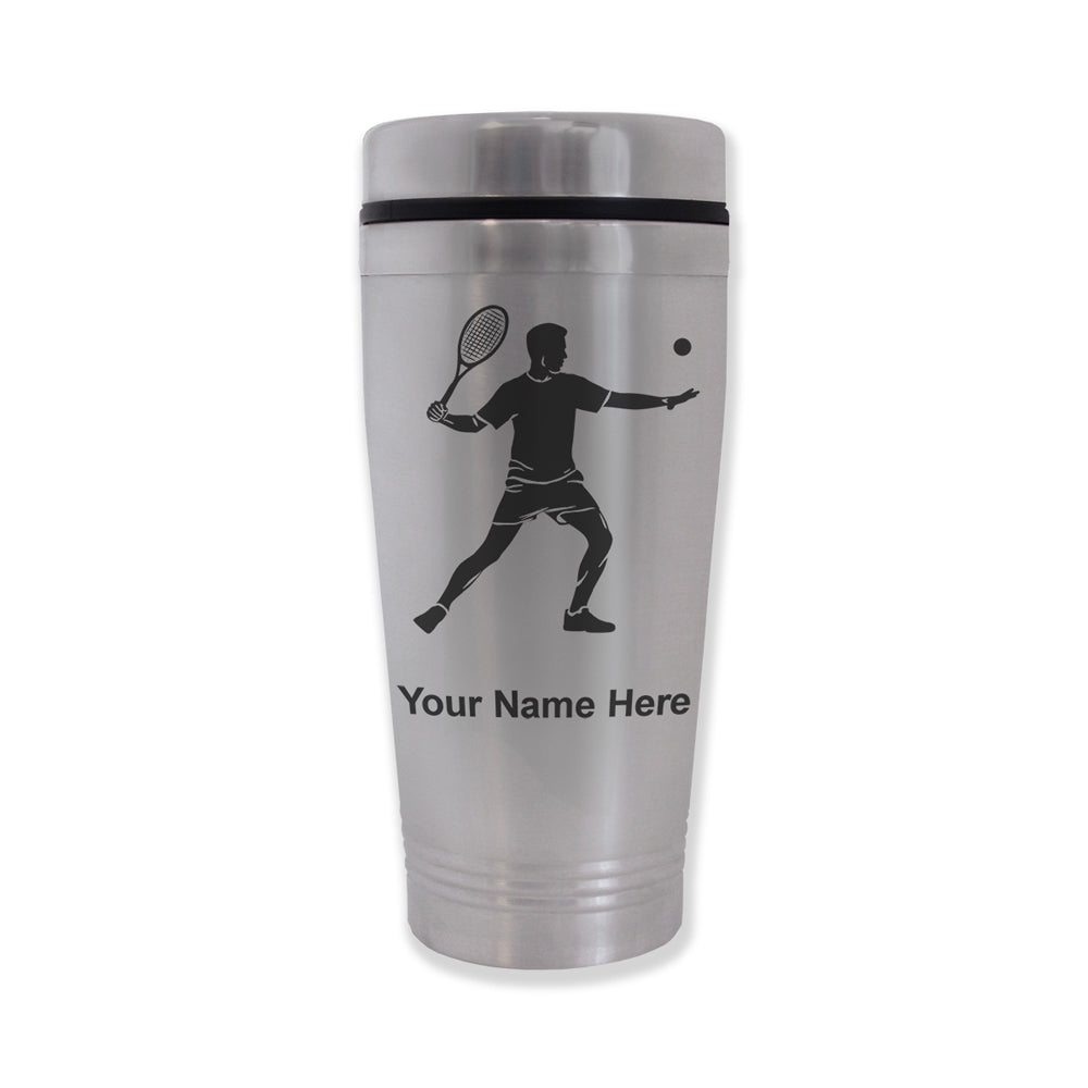 Commuter Travel Mug, Tennis Player Man, Personalized Engraving Included