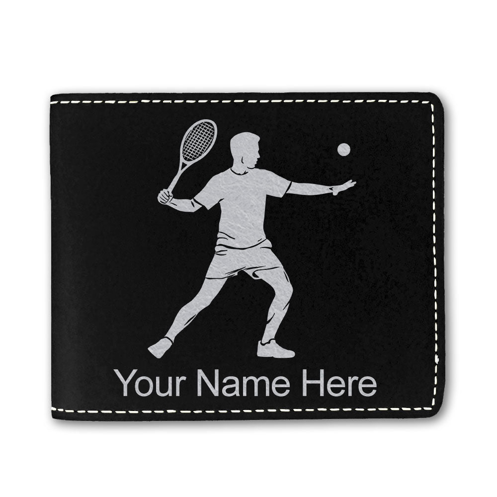 Faux Leather Bi-Fold Wallet, Tennis Player Man, Personalized Engraving Included
