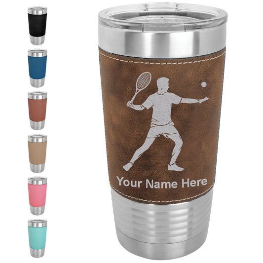 20oz Faux Leather Tumbler Mug, Tennis Player Man, Personalized Engraving Included