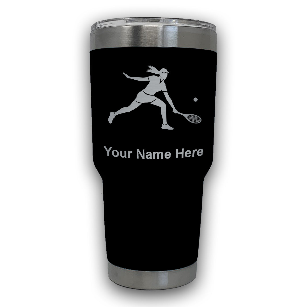 LaserGram 30oz Tumbler Mug, Tennis Player Woman, Personalized Engraving Included