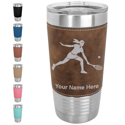 20oz Faux Leather Tumbler Mug, Tennis Player Woman, Personalized Engraving Included