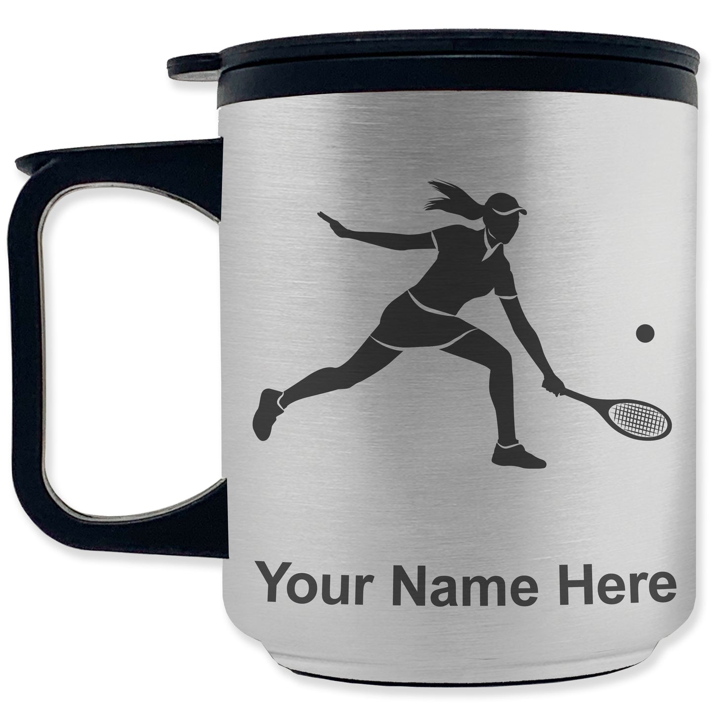 Coffee Travel Mug, Tennis Player Woman, Personalized Engraving Included