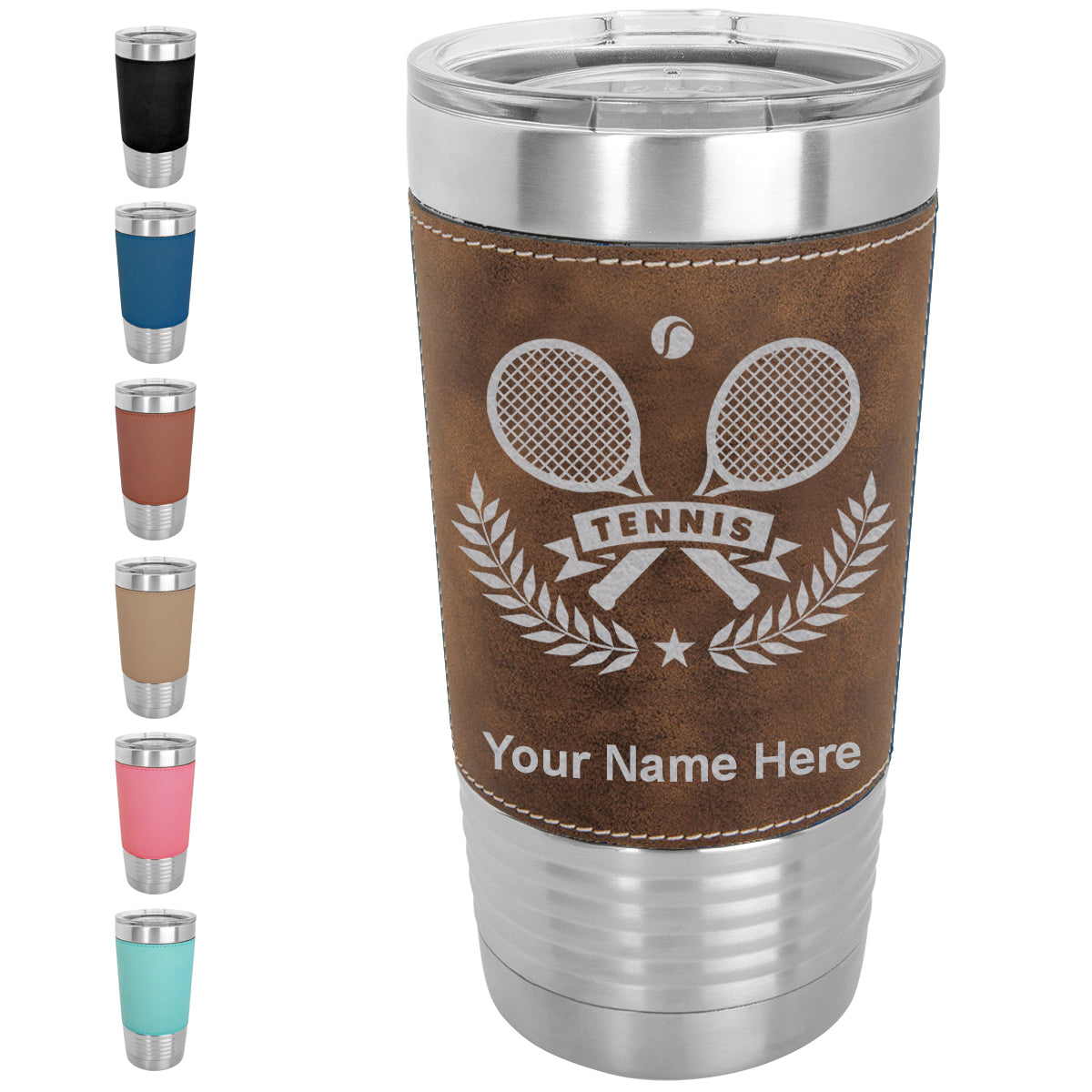 20oz Faux Leather Tumbler Mug, Tennis Rackets, Personalized Engraving Included