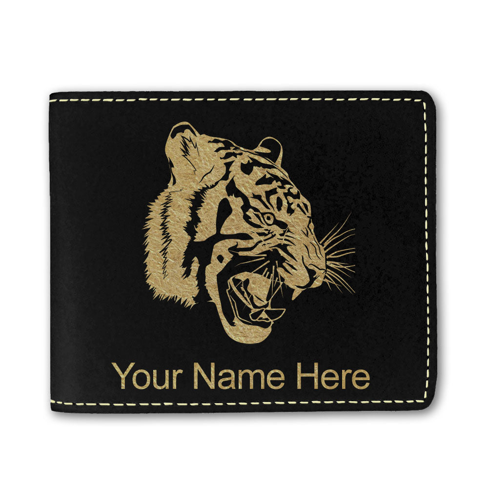 Faux Leather Bi-Fold Wallet, Tiger Head, Personalized Engraving Included