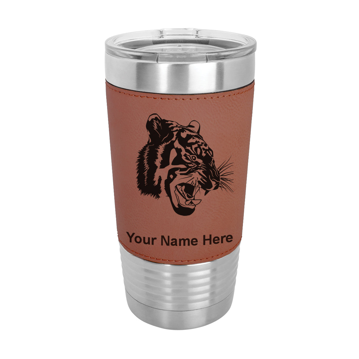 20oz Faux Leather Tumbler Mug, Tiger Head, Personalized Engraving Included