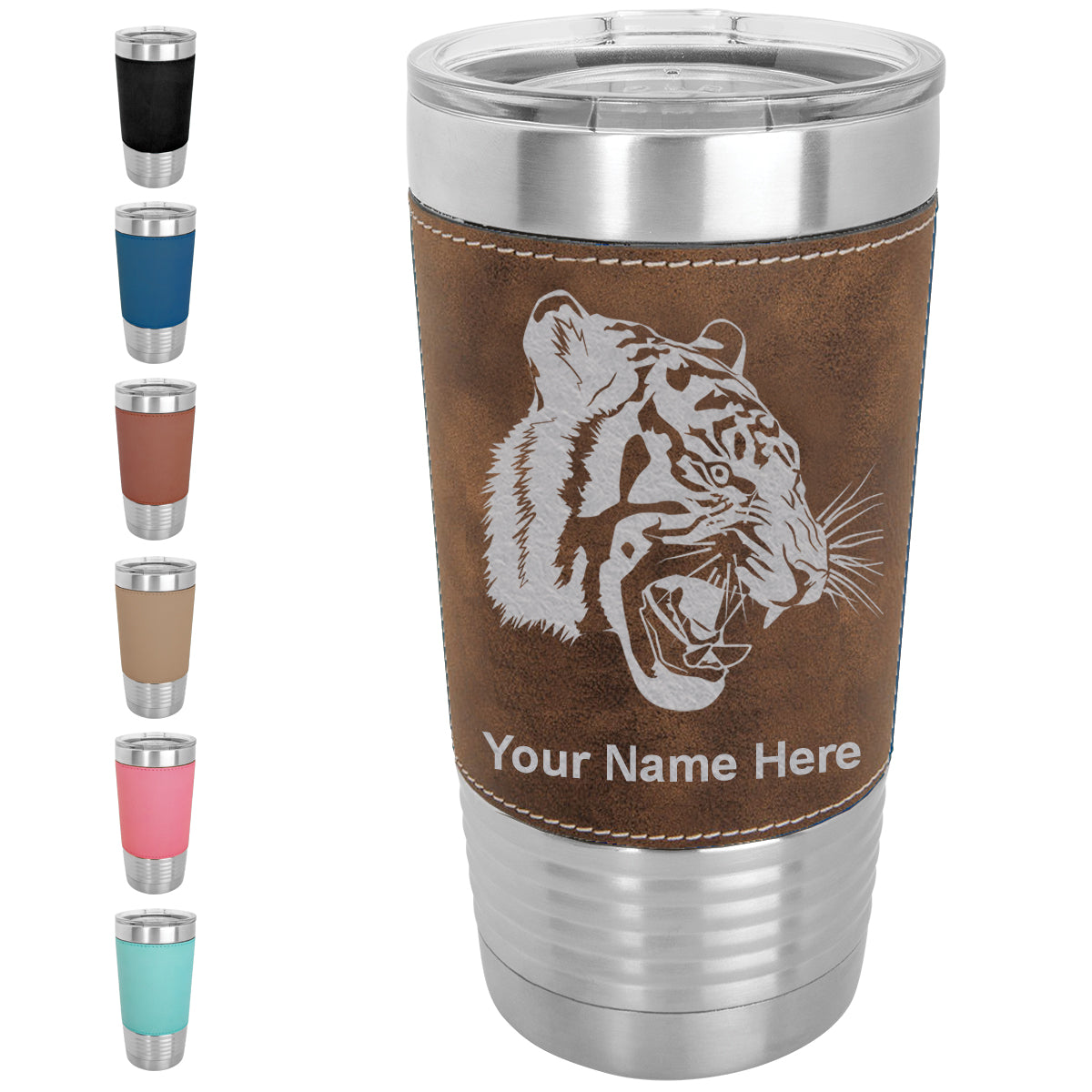 20oz Faux Leather Tumbler Mug, Tiger Head, Personalized Engraving Included